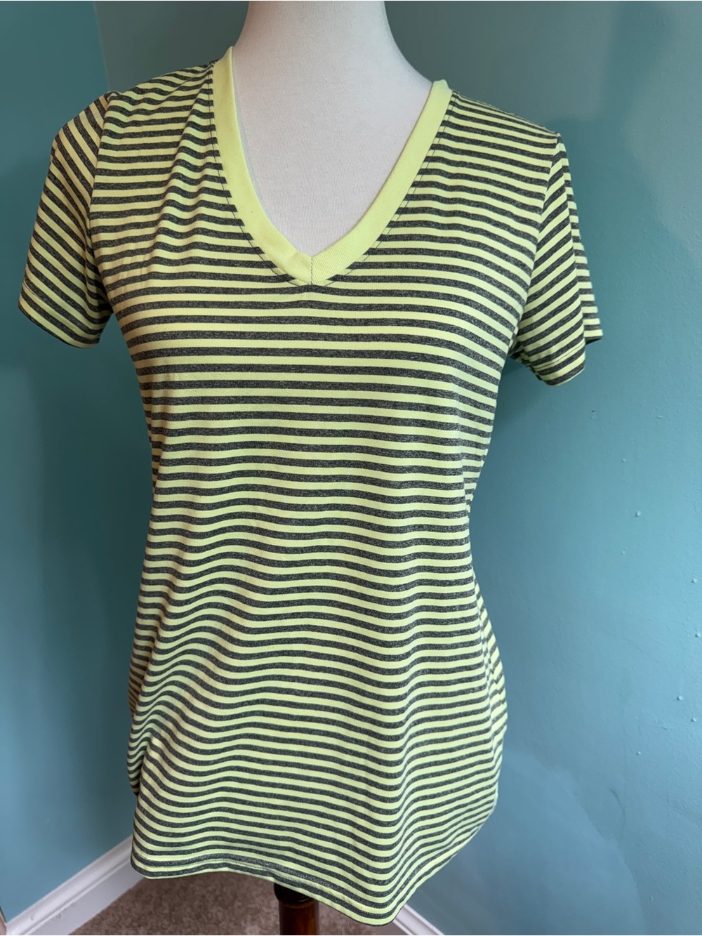 Reebok Women's Short Sleeve V-Neck Stripe Tee in Neon Yellow and Black